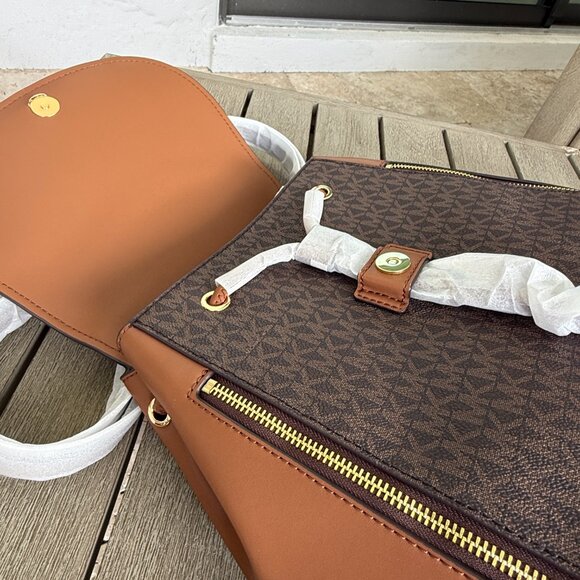 Michael Kors Phoebe Medium FLAP Drawstring Brown MK Travel School Backpack - Picture 15 of 16